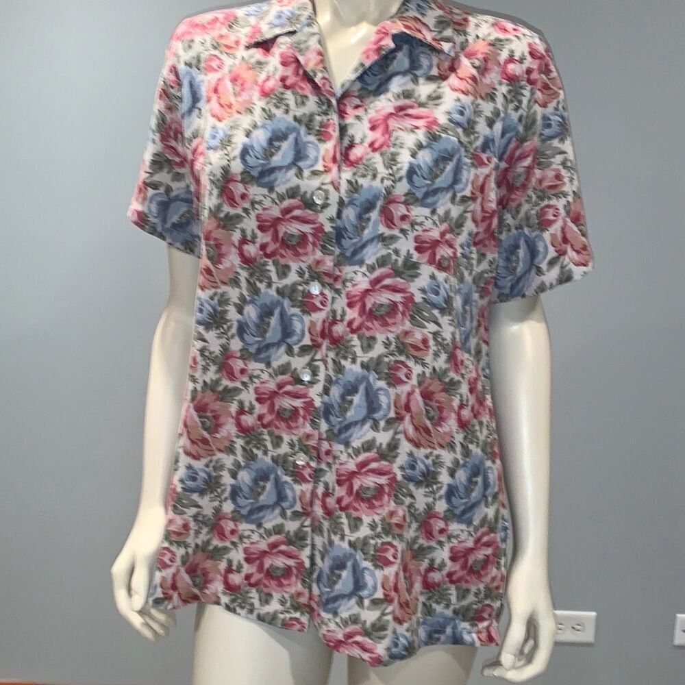 Vintage Casey & Max Linen Floral Rose Button Up - Med - Pink Blue